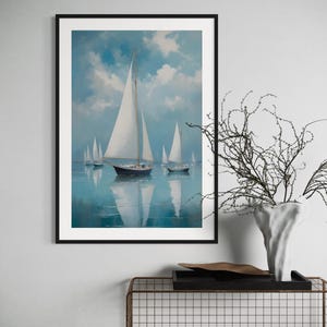Maritimes Wandbild Segelboote – Ruhige See & Himmel,Küstenbild im modernen Stil,Segel-Kunstdruck für Wohnzimmer, Büro und Ferienhaus