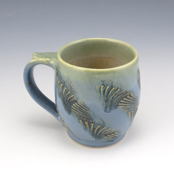 Handmade pottery mug, ceramic coffee mug, tea mug,  soft blue and green with quilt texture