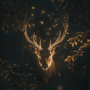 Glowing Stag Wall Art – Majestic Fantasy Deer in Moonlight – Mystical Forest Spirit Print – Digital Download (300 DPI)