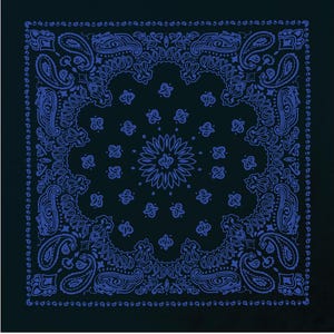 May include: A black bandana with a blue paisley pattern. The bandana has a central design with a circular pattern.