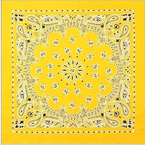 May include: A yellow bandana with a white and black paisley pattern. The bandana has a traditional paisley design with a central floral motif.