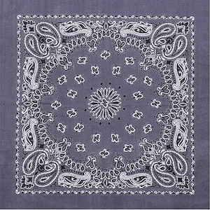 May include: A gray bandana with a white paisley pattern. The bandana has a white border.