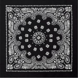 May include: Black bandana with a white paisley pattern. The square cloth features a detailed design with a central floral motif and a border of intricate paisley shapes. The bandana is a classic accessory.