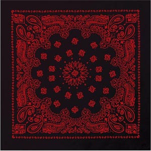 May include: A black bandana with a red paisley pattern. The bandana has a traditional paisley design with intricate details.