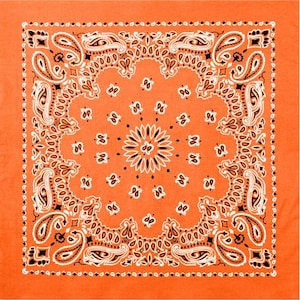 May include: Square orange bandana with a detailed paisley pattern in white and black. The design features a central floral motif and decorative borders, creating a classic and versatile accessory.