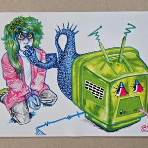 May include: A colorful illustration featuring a person with green hair wearing a pink cardigan, kneeling beside a green television set. A dark blue, textured, arm-like shape extends from the television toward the person's face.