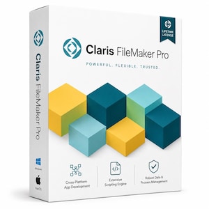 May include: A white software box for Claris FileMaker Pro featuring a graphic of yellow, light blue, and dark blue cubes. The text reads Claris FileMaker Pro, Powerful. Flexible. Trusted., Lifetime License, Cross-Platform App Development, Extensive Scripting Engine, and Robust Data & Process Management.