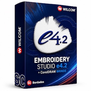 May include: A rectangular software box for Wilcom Embroidery Studio e4.2 featuring a dark blue background with light streaks. The front displays the text e4.2 in blue on a white textured shape, with the Wilcom logo and CorelDRAW BRINDE text.