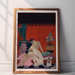 May include: Framed art print featuring a stylized depiction of three figures in a classical setting. The artwork has a red background with black accents and a decorative border. The figures are nude, with long dark hair. A vase of flowers is also visible.