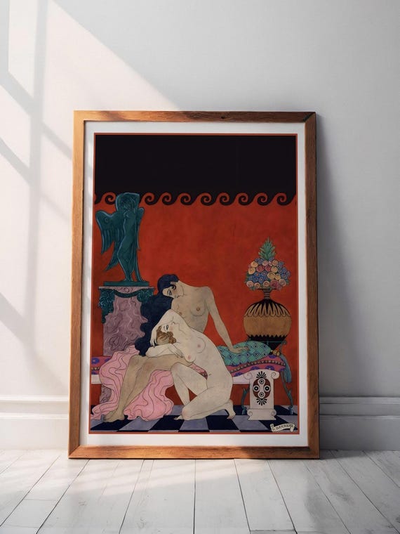 Lovers by Georges Barbier, Lesbian Art Print, Sapphic Art, Vintage Poster