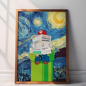 Van Gogh Starry Night Mario Canvas Art: Funny Video Game Poster