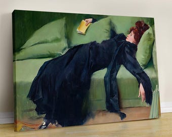 Decadent Young Woman Portrait: Vintage Emerald Green Canvas Wall Art