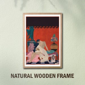 May include: A framed art print featuring a stylized illustration of figures in a classical setting. The artwork has a red background with decorative elements, and the frame is made of natural wood. The text "NATURAL WOODEN FRAME" is at the bottom.
