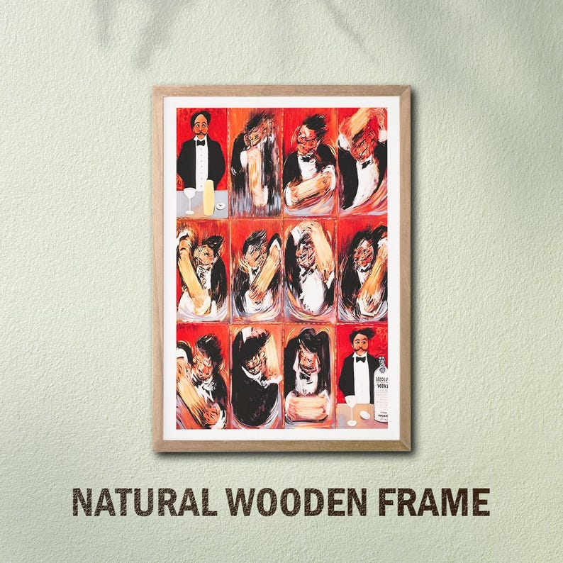 May include: A framed art print featuring a grid of stylized illustrations of men in tuxedos, set against a red background. The artwork is in a natural wooden frame, with the text "NATURAL WOODEN FRAME" at the bottom.