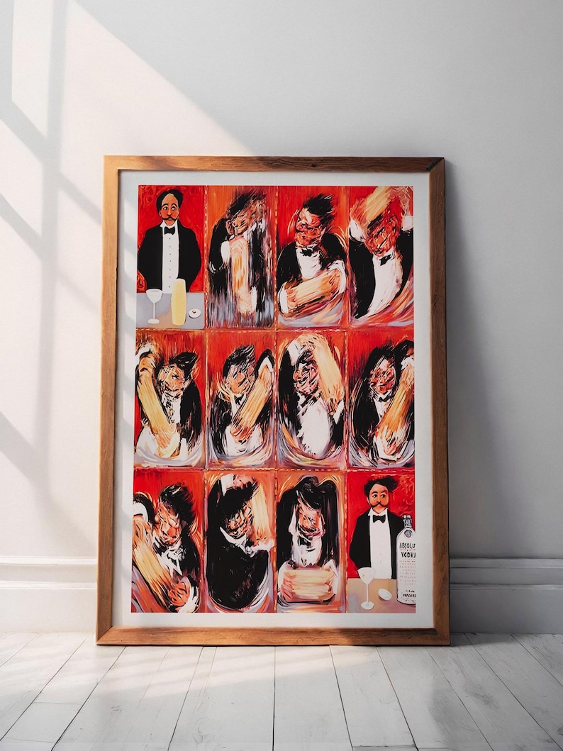 May include: A framed print featuring a series of abstract paintings of a bartender in a tuxedo. The paintings are set against a red background. A bottle of Absolut Vodka is visible in the bottom right corner.