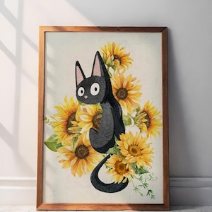 Grafika artystyczna „Kot” Van Gogha: Czarny kot ze słonecznikami