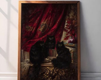 May include: A framed print featuring three black cats in a vintage setting. The cats are positioned on a table with books and a red curtain backdrop. The artwork has a classic, antique aesthetic.
