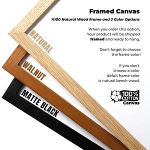May include: Image showcasing framed canvas options with three frame colors: natural, walnut, and matte black. The text highlights the natural wood frame and cotton canvas. The text also mentions the product will be shipped framed and ready to hang.