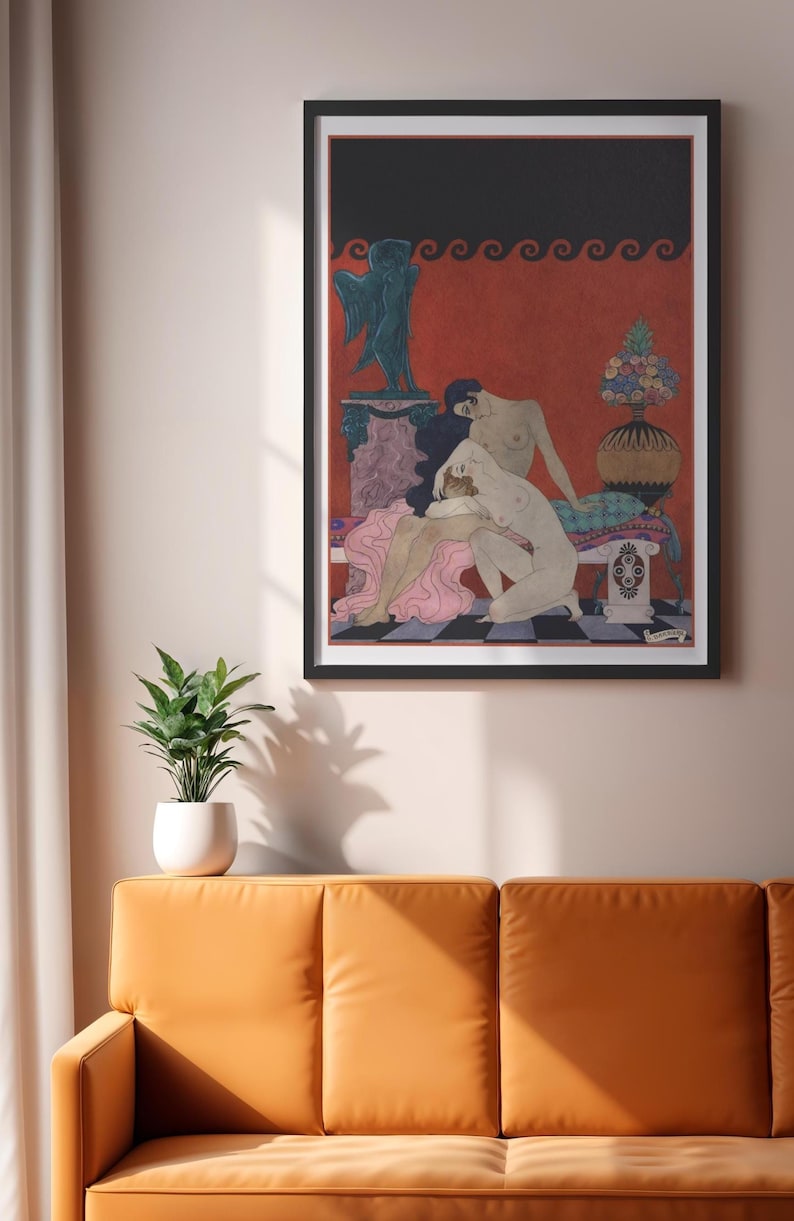 May include: Framed art print featuring a classical-style illustration of nude figures in a vibrant red and black setting. The artwork includes a decorative border and a small statue. The print is displayed above an orange sofa.