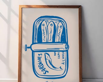 Tinned Sardines Canvas Art: Retro Navy Blue Kitchen Decor