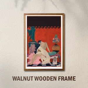 May include: A framed art print featuring a stylized depiction of figures in a classical setting. The artwork has a red background with black accents and a decorative border. The frame is walnut.
