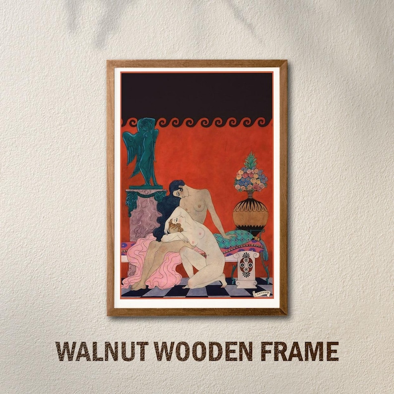 May include: A framed art print featuring a stylized depiction of figures in a classical setting. The artwork has a red background with black accents and a decorative border. The frame is walnut.