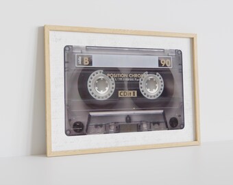 Retro kassetttryck, svartvit canvas, estetisk sovrumsaffisch, mixbandmusikväggkonst, 80-tals barvagnstryck, vintage trendig inredning