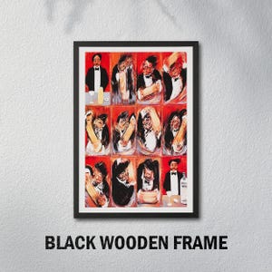May include: A framed art print featuring a series of illustrations of a man in a tuxedo. The artwork has a red background with black and white figures. The frame is black, and the text "BLACK WOODEN FRAME" is at the bottom.