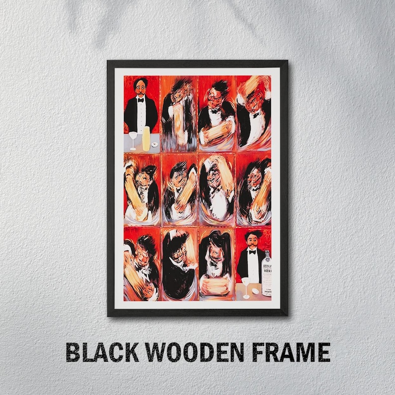 May include: A framed art print featuring a series of illustrations of a man in a tuxedo. The artwork has a red background with black and white figures. The frame is black, and the text "BLACK WOODEN FRAME" is at the bottom.