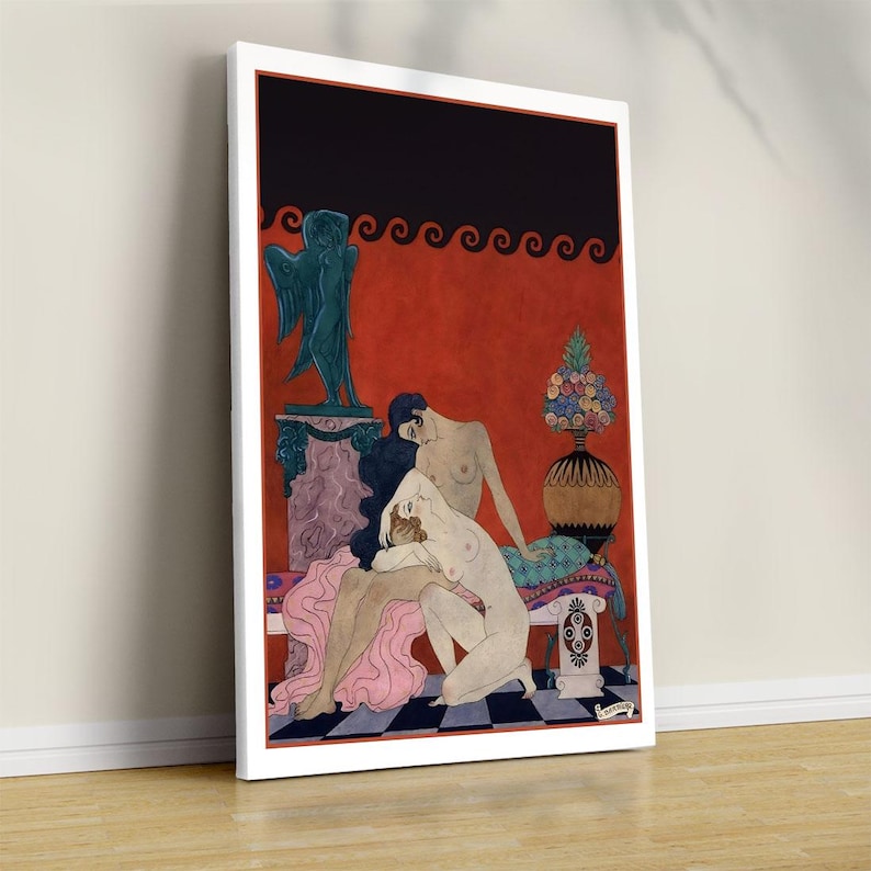 May include: A framed art print featuring a stylized illustration of three figures in a classical setting. The artwork has a red background with black and white checkered flooring. A teal statue and a decorative vase are also visible.