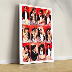 May include: A framed art print featuring a grid of stylized figures in black tuxedos against a red background. The artwork includes a bottle of vodka and bar accessories, suggesting a bar or restaurant theme.