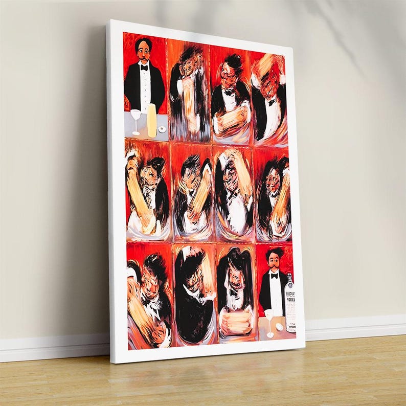 May include: A framed art print featuring a grid of stylized figures in black tuxedos against a red background. The artwork includes a bottle of vodka and bar accessories, suggesting a bar or restaurant theme.
