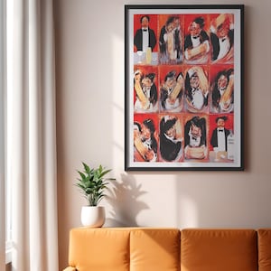 May include: A framed art print featuring a series of stylized illustrations of figures in formal attire, set against a red background. The artwork is displayed above an orange sofa, with a potted plant and window curtains visible.