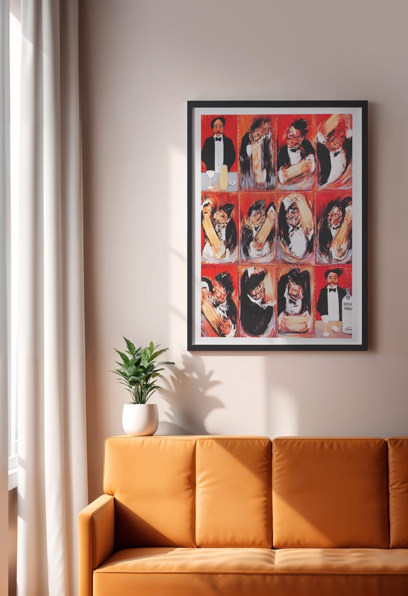 May include: A framed art print featuring a series of stylized illustrations of figures in formal attire, set against a red background. The artwork is displayed above an orange sofa, with a potted plant and window curtains visible.