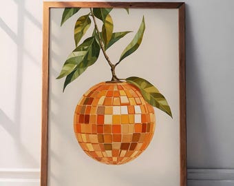 Retro Disco Mirror Ball Print: Orange Citrus Preppy Wall Art