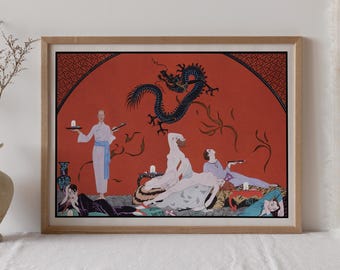 The Blue Dragon by Georges Barbier, Lesbian Art Print, Sapphic Art, Japanese Dragon Art Print