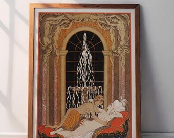May include: A framed art print featuring an Art Deco illustration of two figures in an intimate setting. The artwork showcases a woman in a white gown and a person in an orange garment, set against a backdrop of a fountain and ornate architecture.