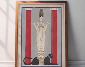 May include: A framed art print featuring a woman in a long white dress, holding chains, flanked by red columns. Two black panthers with blue collars are at her feet. The artwork has a vintage, Art Deco style.