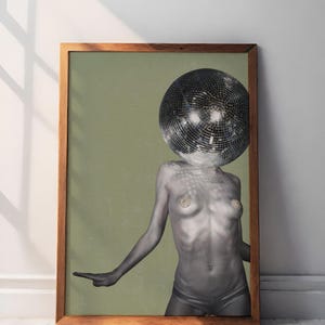 Disco Head Naked Woman Print, Retro Collage Style Canvas Poster with Mirror Ball and Vintage Fashion for Glam Wall Decor, Bar Cart Decor