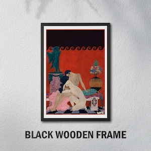 May include: A framed art print featuring an illustration of two nude figures in a stylized setting. The artwork has a red background with decorative wave patterns, a black upper section, and a black wooden frame.
