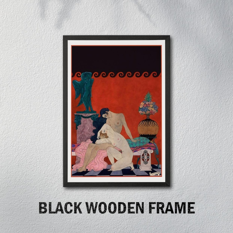 May include: A framed art print featuring an illustration of two nude figures in a stylized setting. The artwork has a red background with decorative wave patterns, a black upper section, and a black wooden frame.