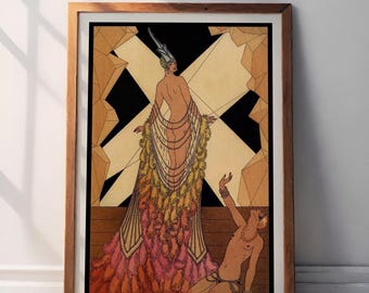May include: A framed art print featuring a vintage illustration of a woman in a feathered gown and headdress. The artwork has a geometric background with a figure kneeling below. The color palette includes shades of pink, gold, and black.