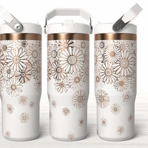 daisies falling floral spring flowers tumbler Single-color laser engraving seamless SVG wrap for 30oz Stanley-style tumblers, clean vector line art designed for LightBurn, Glowforge, and xTool machines.