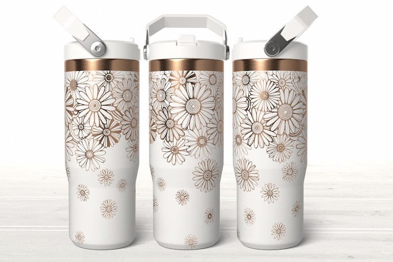 daisies falling floral spring flowers tumbler Single-color laser engraving seamless SVG wrap for 30oz Stanley-style tumblers, clean vector line art designed for LightBurn, Glowforge, and xTool machines.