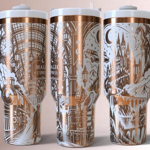 May include: A white and copper-coloured stainless steel tumbler with a handle and lid, featuring an intricate wrap-around illustration of a steam train, a castle, an owl, and the text MAGIC EXPRESS, showcasing a detailed fantasy-themed design.