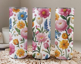 Floral Spring Flowers 20oz Tumbler Wrap PNG Skinny Seamless Design Sublimation Wrap Digital Instant Download
