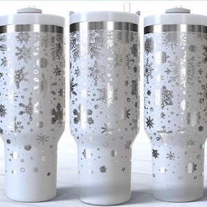 Snowflake Christmas Stanley Cup SVG digital wrap design featuring delicate snowflakes in a festive winter style, perfect for Cricut and Silhouette users to create customized 40oz Stanley tumblers. Ideal for holiday gifts, seasonal drinkware, and Christmas crafts. High-quality digital download for easy use with cutting machines. Add festive sparkle to your cups with this unique snowflake tumbler wrap file