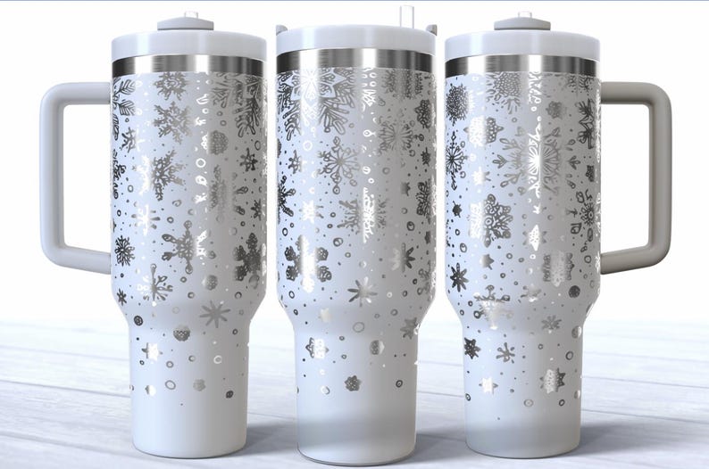 Snowflake Christmas Stanley Cup SVG digital wrap design featuring delicate snowflakes in a festive winter style, perfect for Cricut and Silhouette users to create customized 40oz Stanley tumblers. Ideal for holiday gifts, seasonal drinkware, and Christmas crafts. High-quality digital download for easy use with cutting machines. Add festive sparkle to your cups with this unique snowflake tumbler wrap file