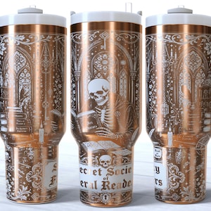 May include: A set of three copper-colored travel mugs with white handles and lids. Each mug features a detailed white illustration of a skeleton reading a book, gothic architecture, and the text "Secret Society of Funeral Readers."