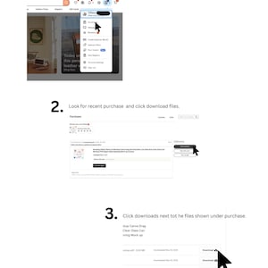 May include: A screenshot showing the steps to download files after a purchase. The steps include clicking on the profile picture, then purchases, and finally, clicking the download button next to the file. The text in the image says "Today on this person's leather shop now."